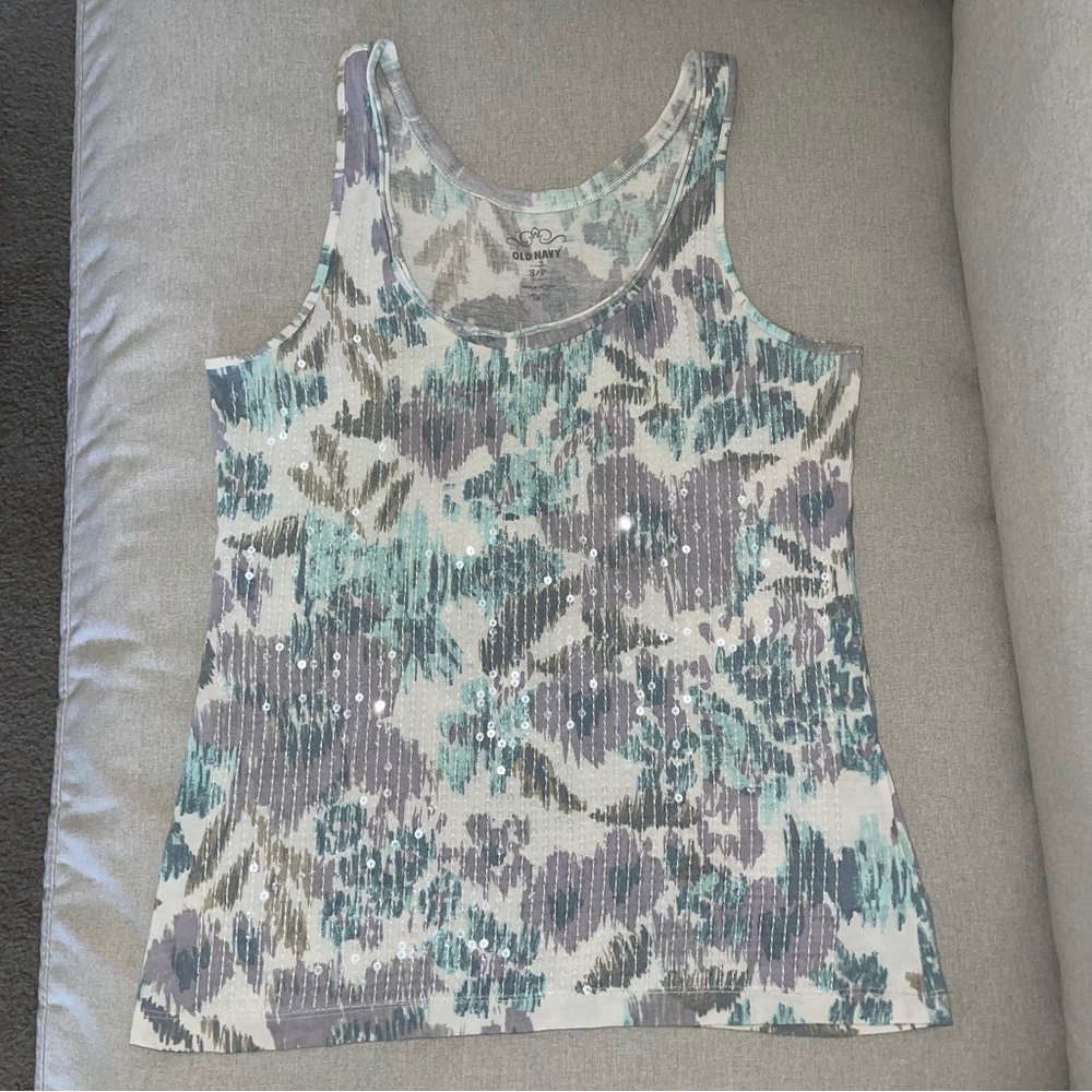 Old Navy Blue & Lilac Floral Cotton Tank Top w/ Sequins